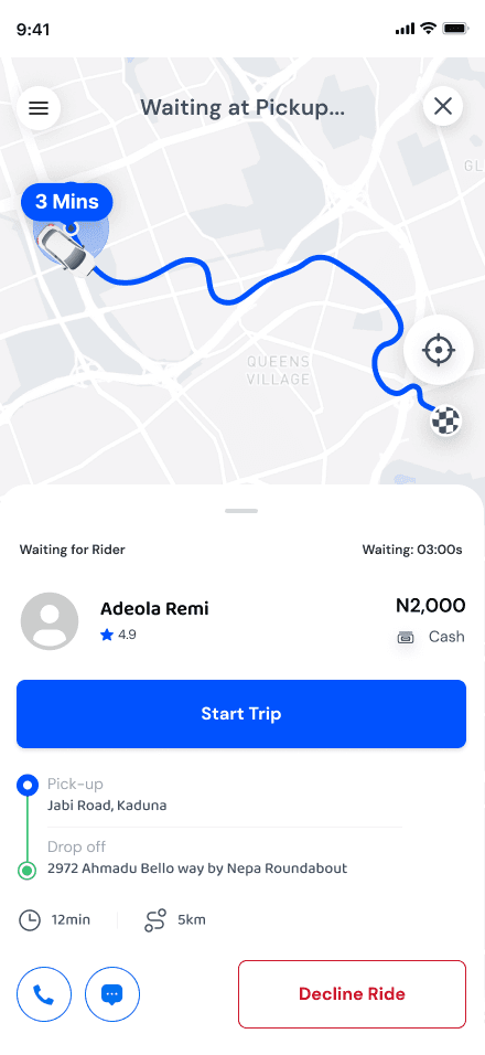 The arrived-at-pickup screen in the Sonik Drive driver app