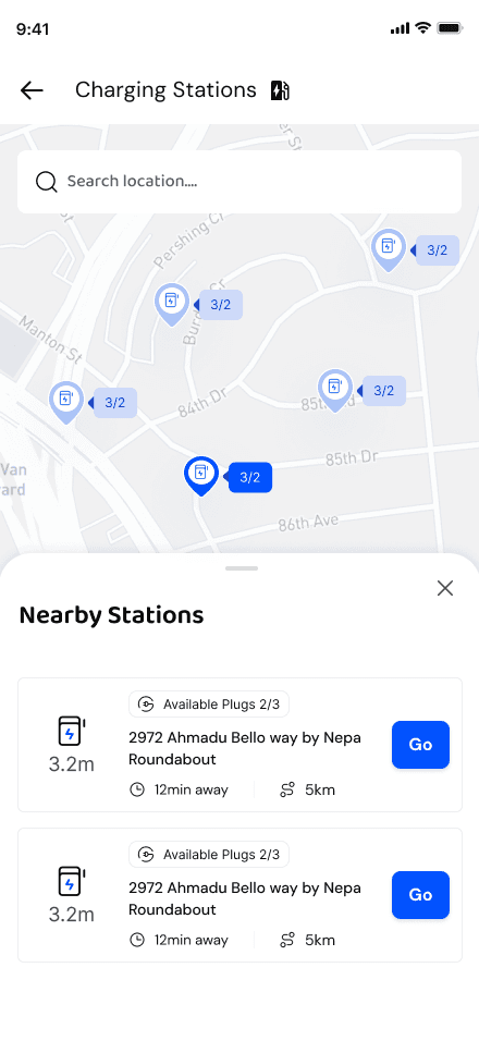 The charging stations map in the Sonik Drive driver app showing nearby stations and available plugs