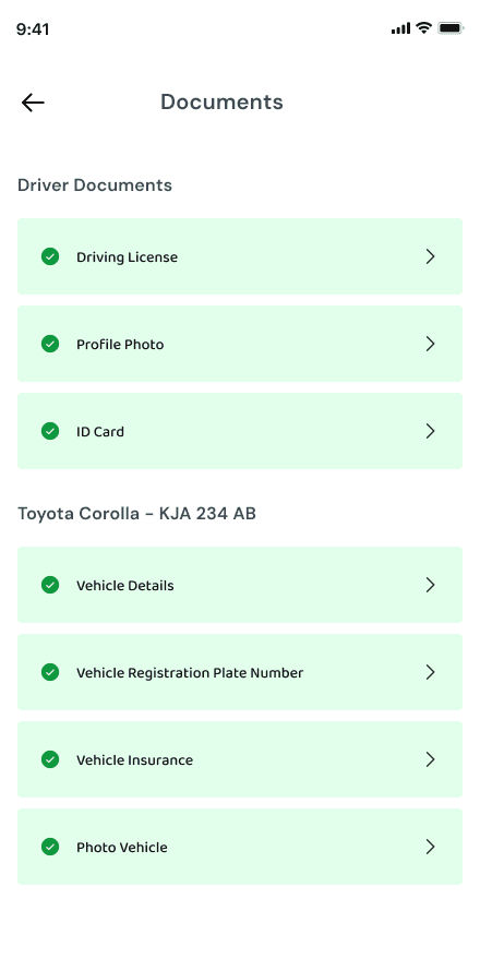 Driver and vehicle documents showing an approved status in the Sonik Drive driver app