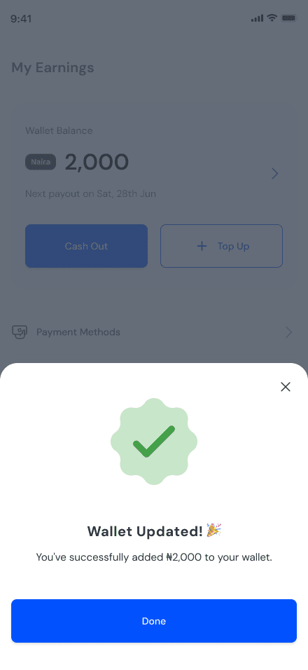 The driver wallet in the Sonik Drive driver app used to pay for charging