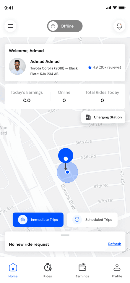 The Sonik Drive driver app home screen with the online availability toggle