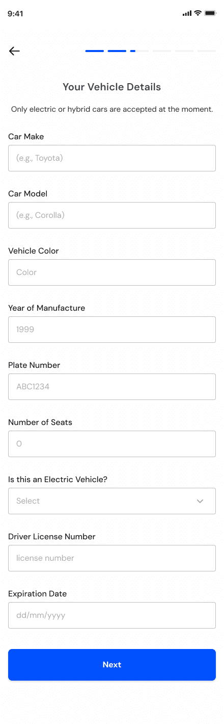 Vehicle details form in the Sonik Drive driver app sign-up