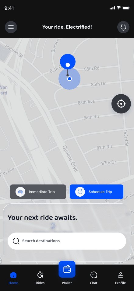 The Sonik Drive rider app home screen showing the Immediate Trip and Schedule Trip toggle