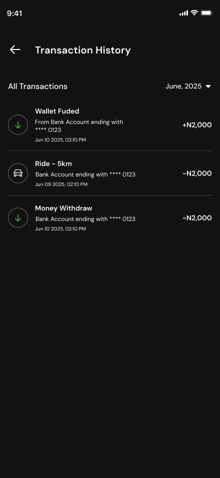 Transaction history in the Sonik Drive rider app