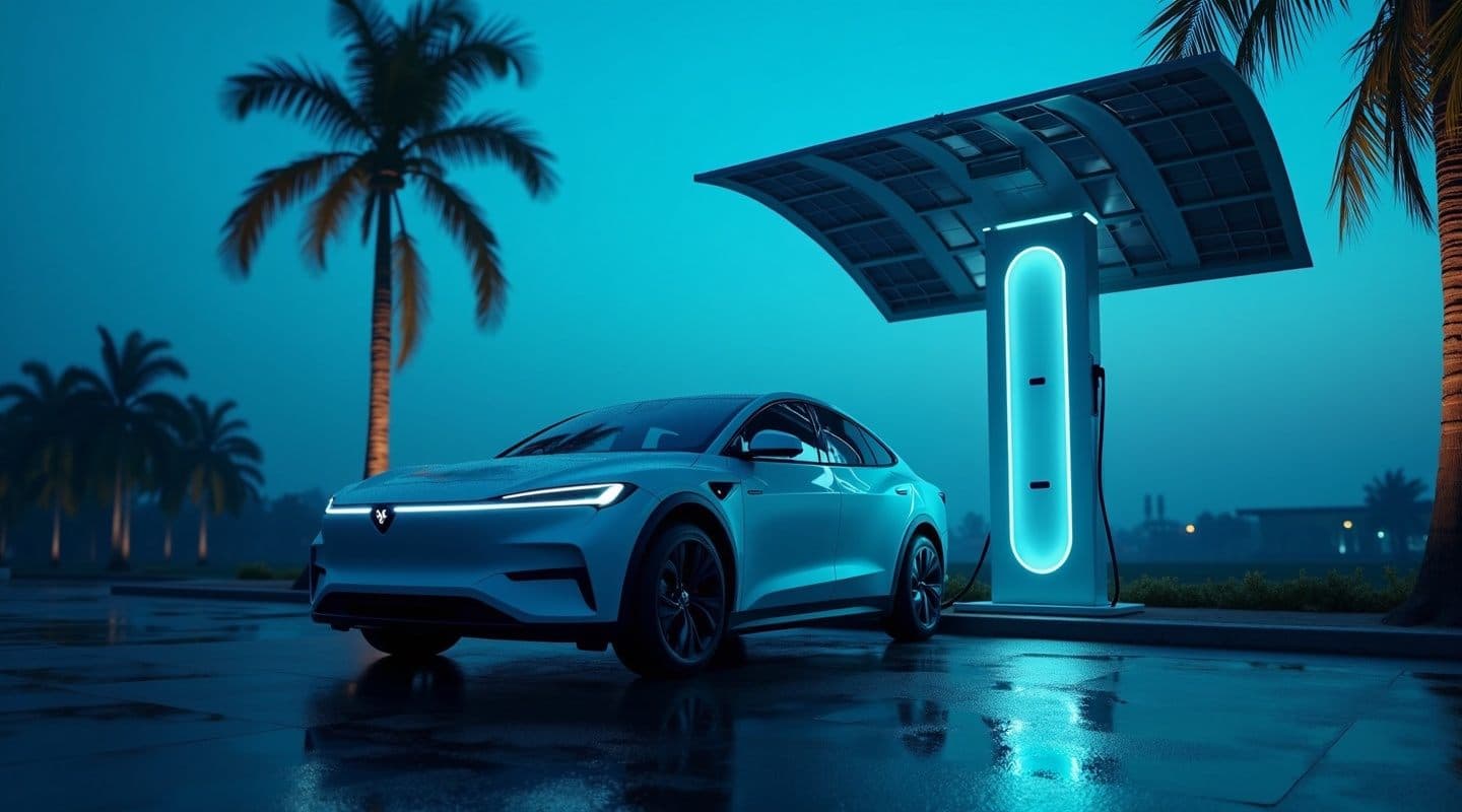 An electric vehicle charging beneath a solar canopy at dusk