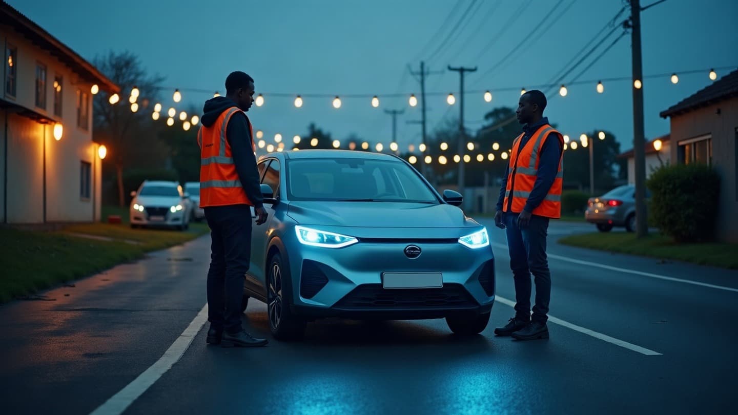 A Sonik Drive training instructor briefing a trainee driver beside an electric vehicle at dusk